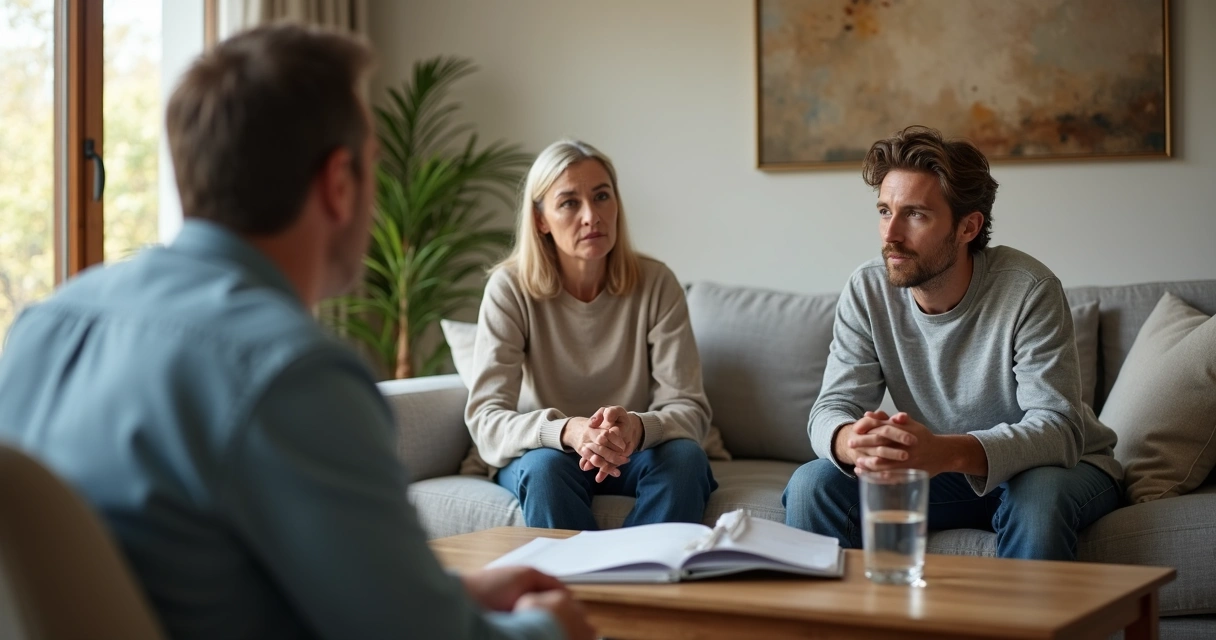 Adulto refletindo sobre mudança de carreira em conversa com família na sala de estar 