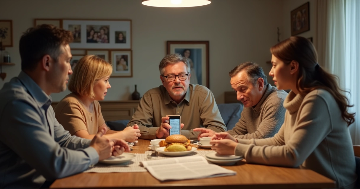 Família conversando à mesa com jornal e celular 