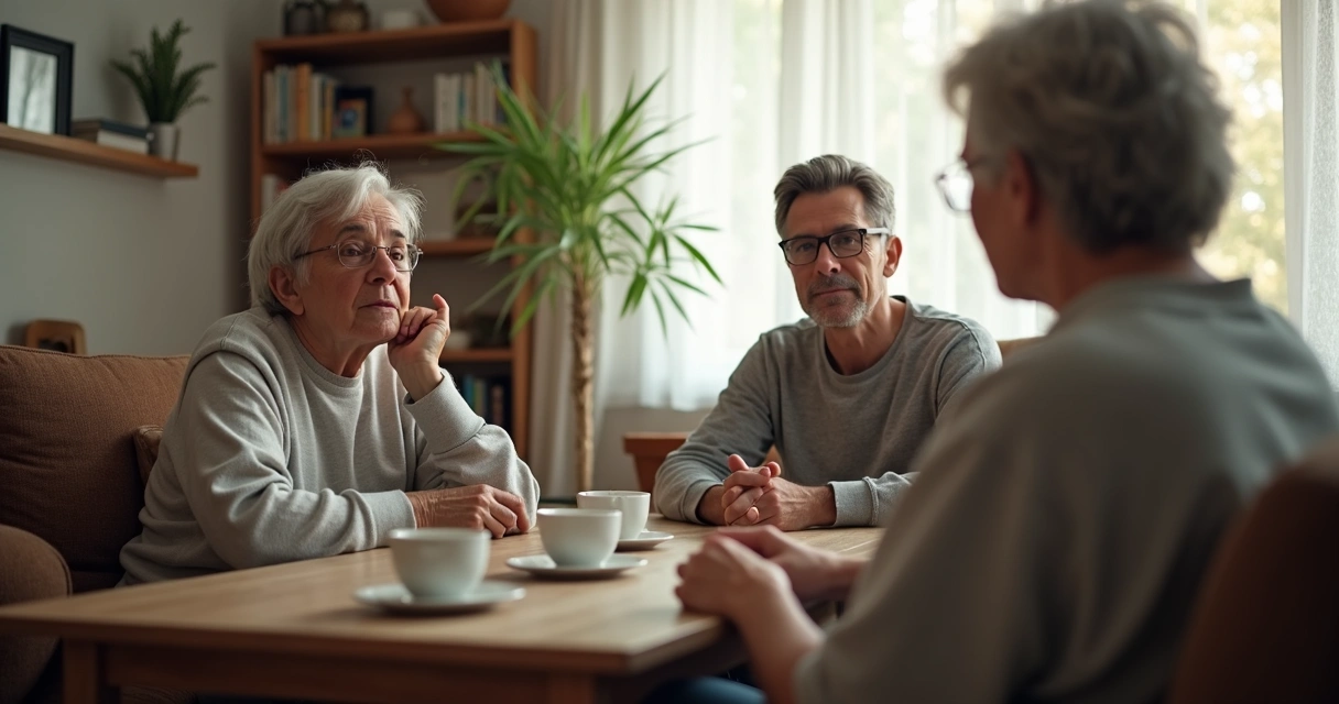Família conversando com calma na sala 