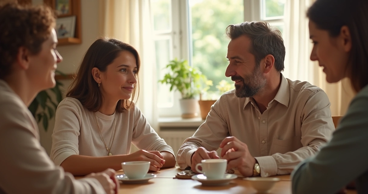 Dois familiares conversando com respeito em mesa de casa