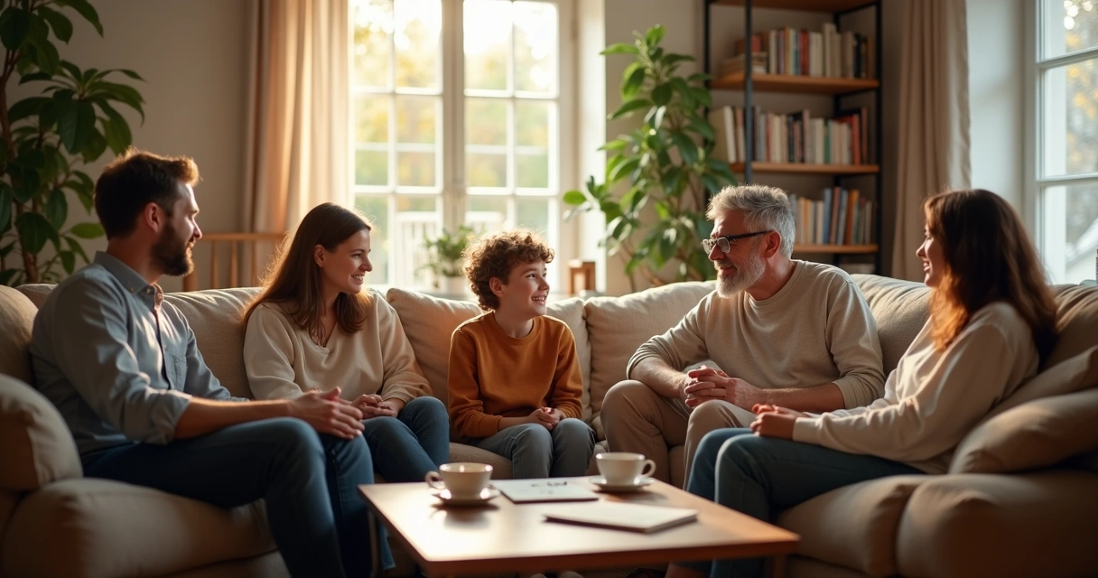 Família conversando em círculo na sala de casa