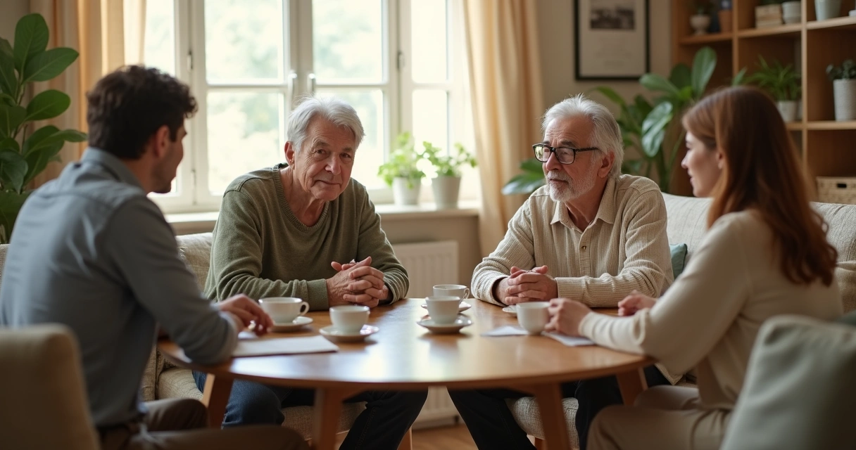 Família conversando na sala de casa