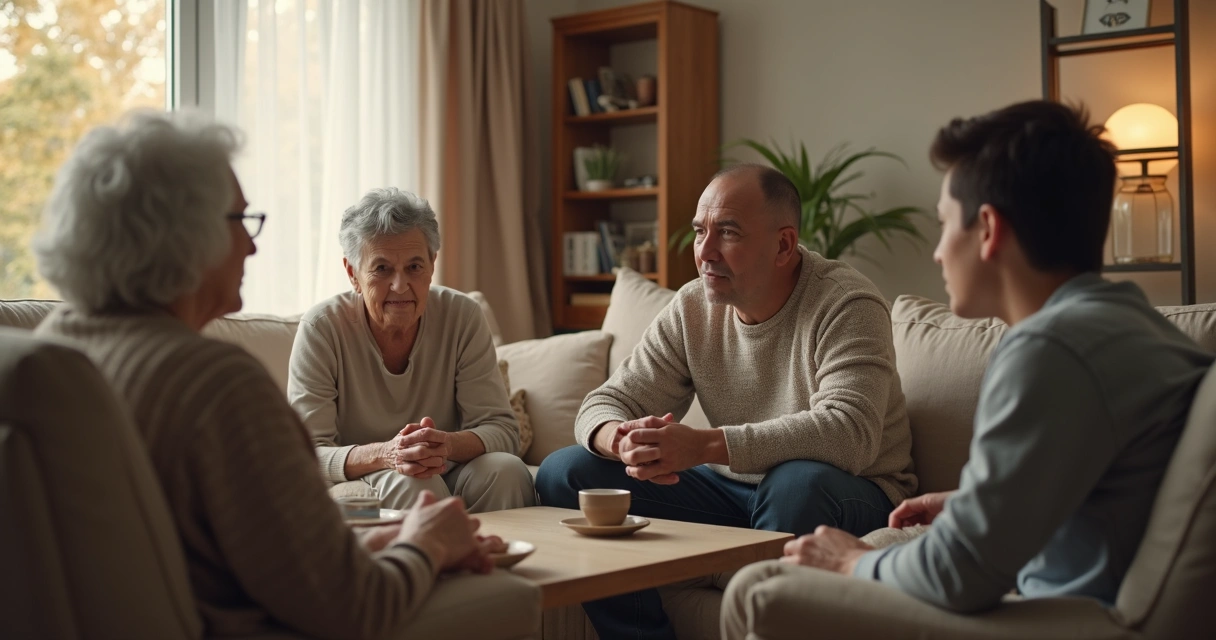Família conversando na sala com tensão entre gerações