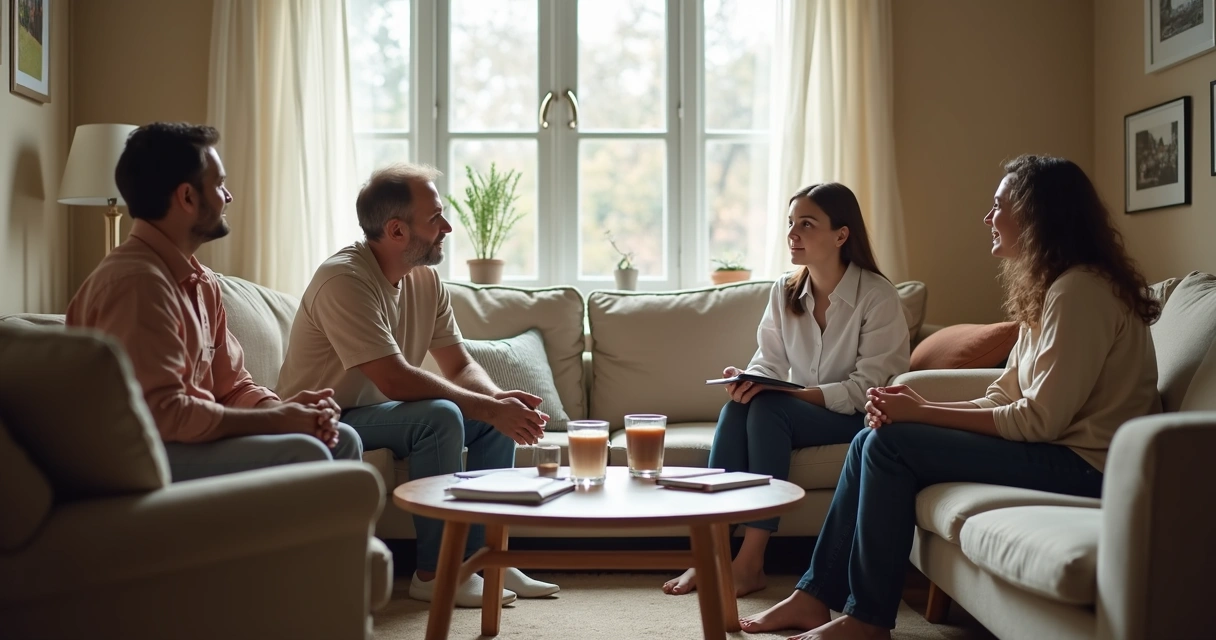Família conversando na sala com escuta ativa 