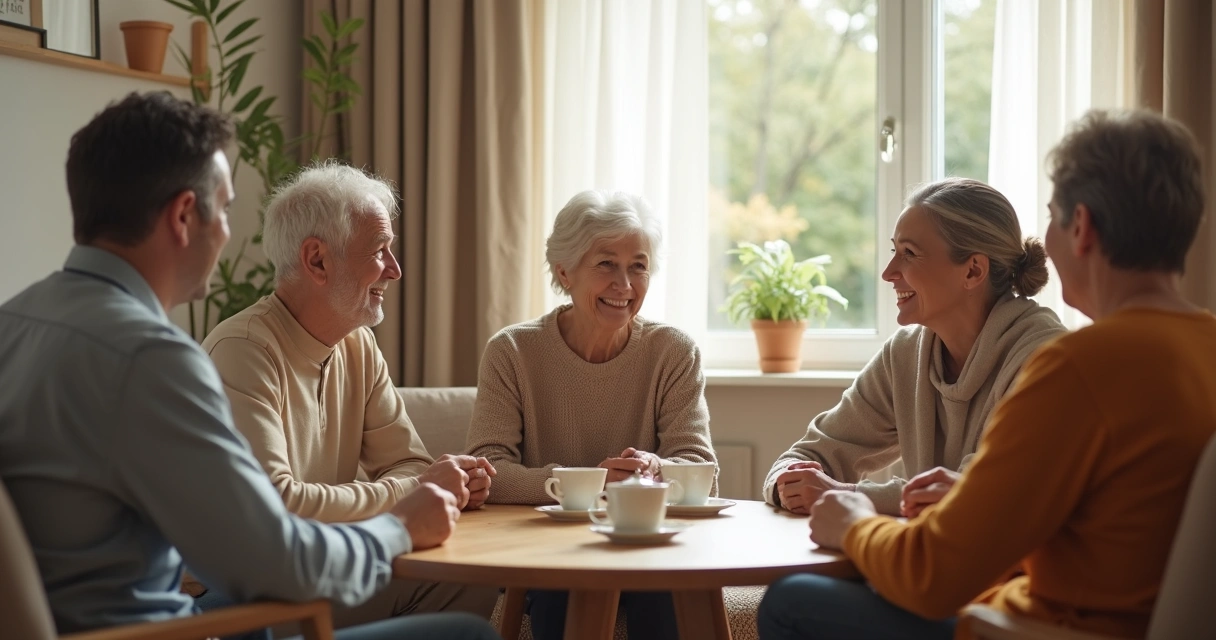 Família conversando em sala de estar com escuta atenta