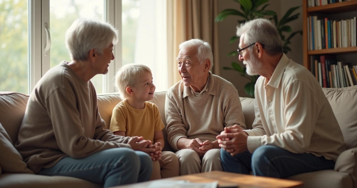 Família conversando com calma na sala
