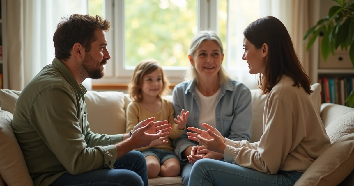Família conversando na sala com clima acolhedor