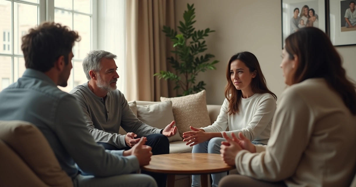 Família conversando em sala com clima acolhedor