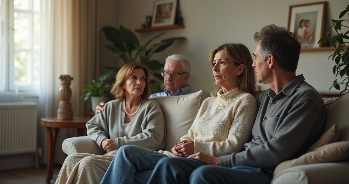 Família conversando em sala com clima tenso