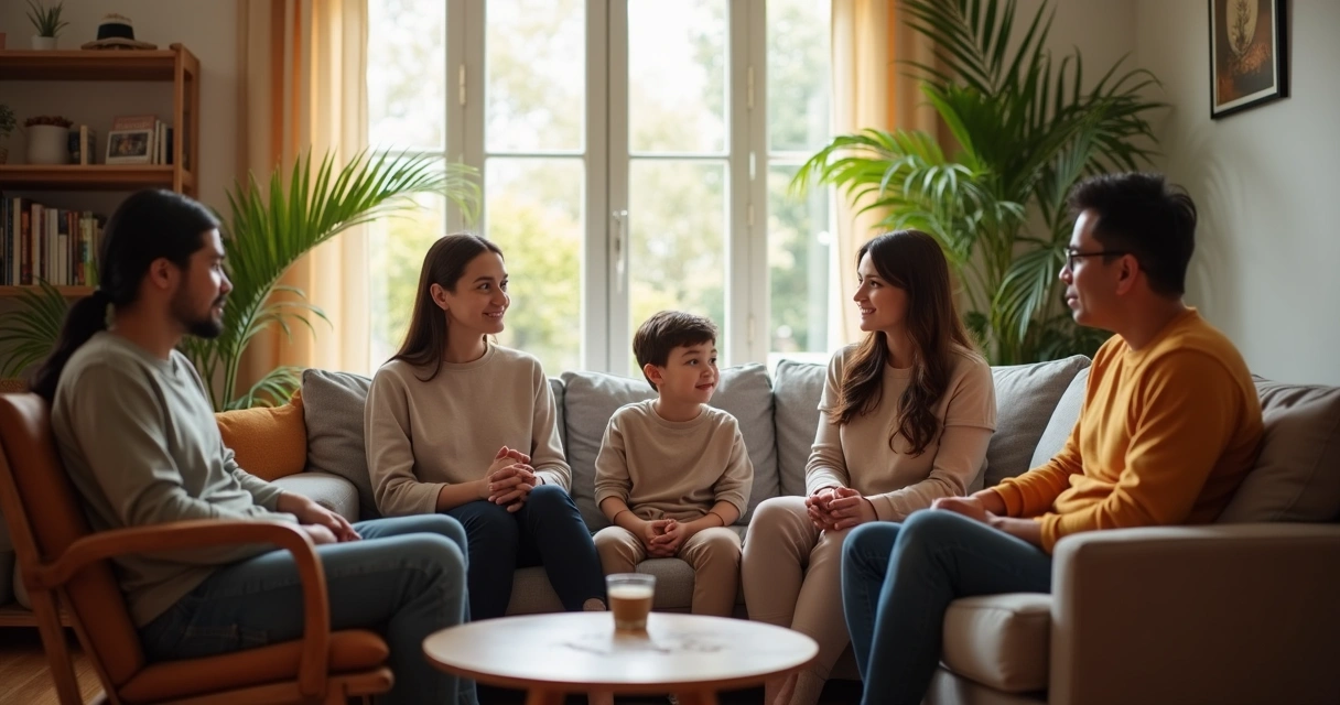 Família conversando na sala com atenção mútua 
