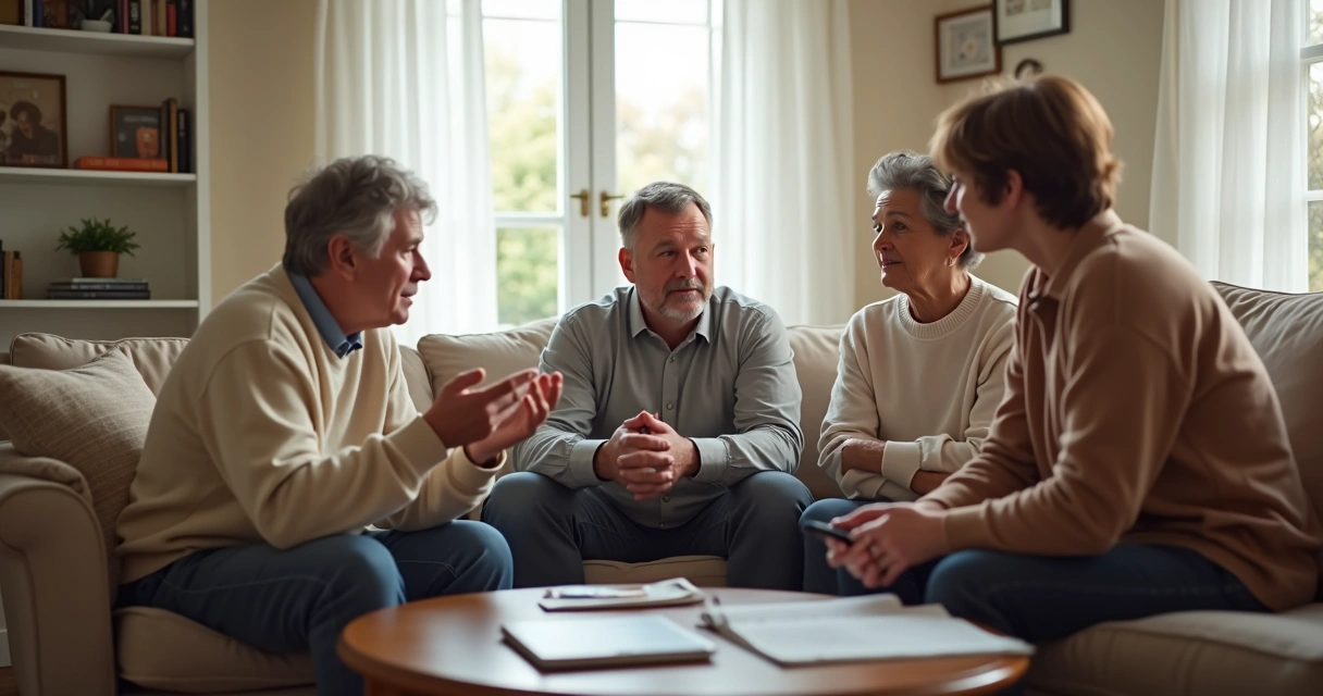 Família conversando em sala de estar com atenção mútua