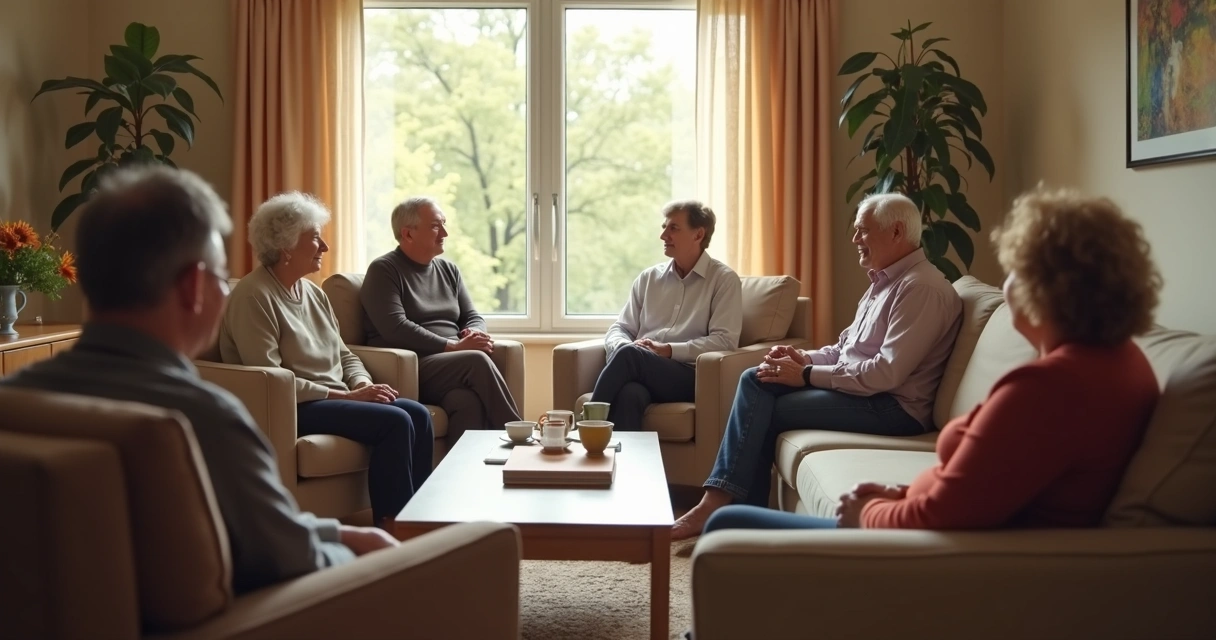 Família conversando com calma na sala 