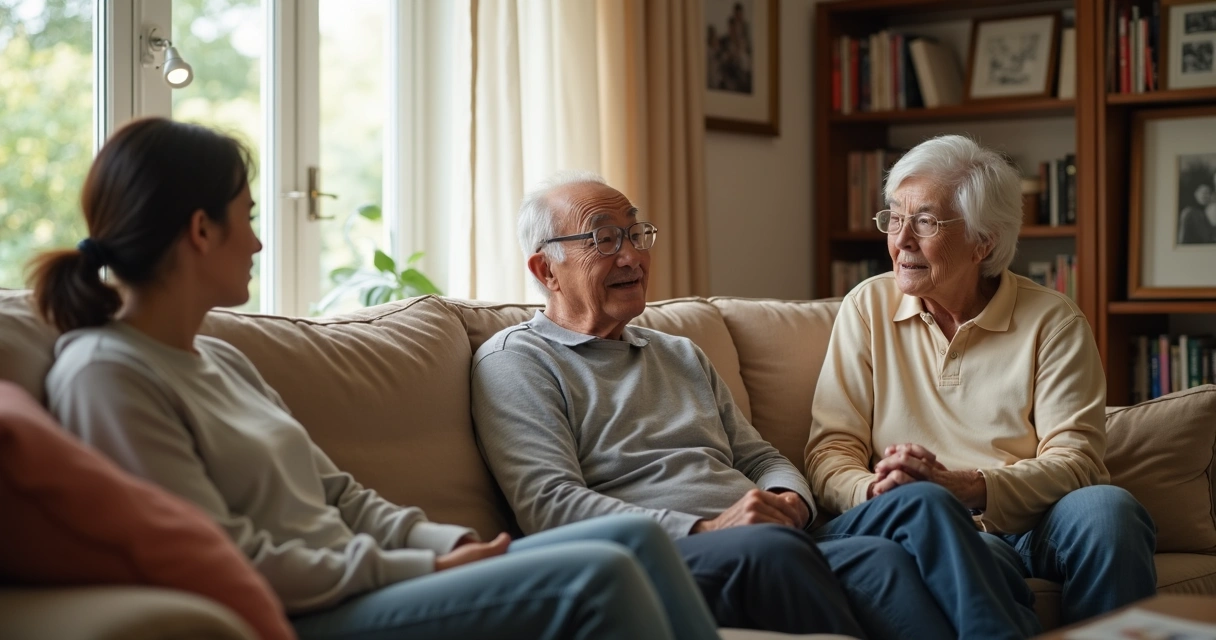 Família conversando na sala de casa 