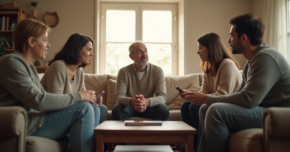 Família conversando com atenção na sala 