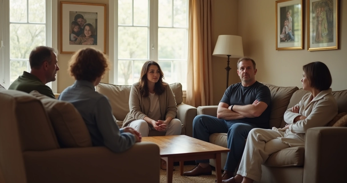 Família conversando em sala com expressões tensas 