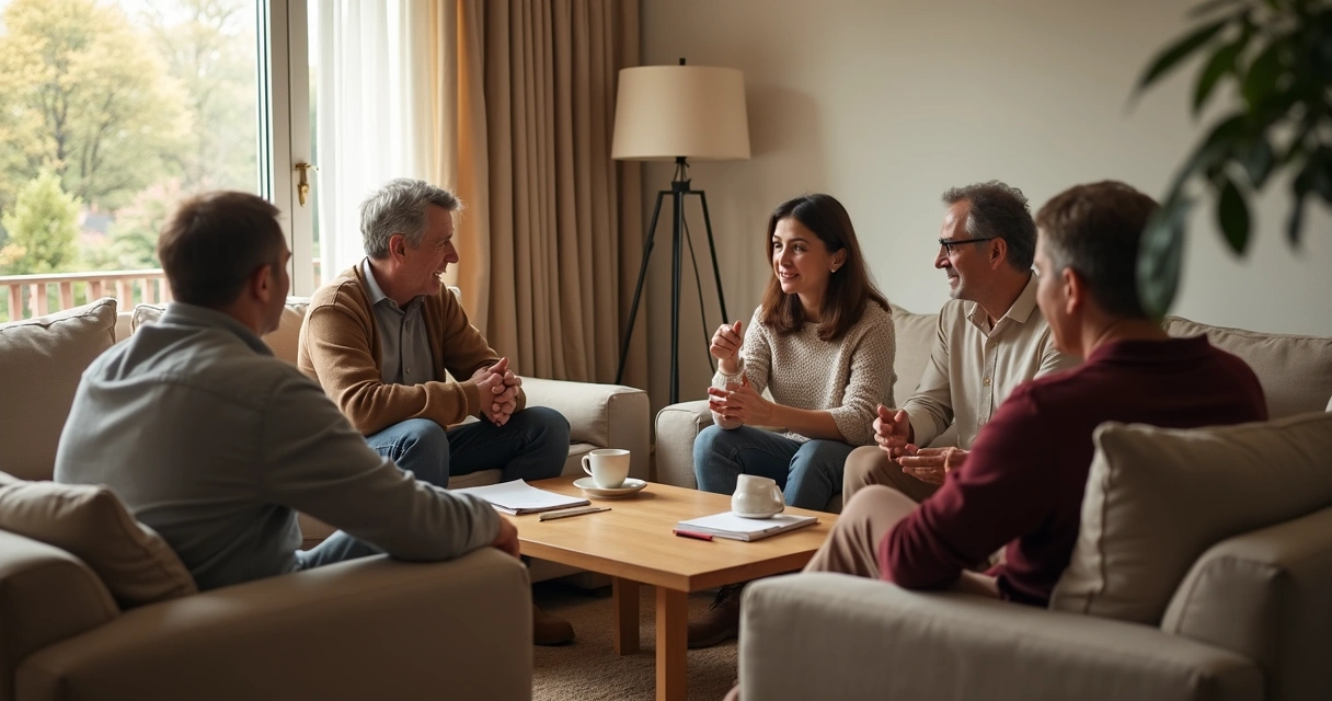 Família conversando calmamente na sala 