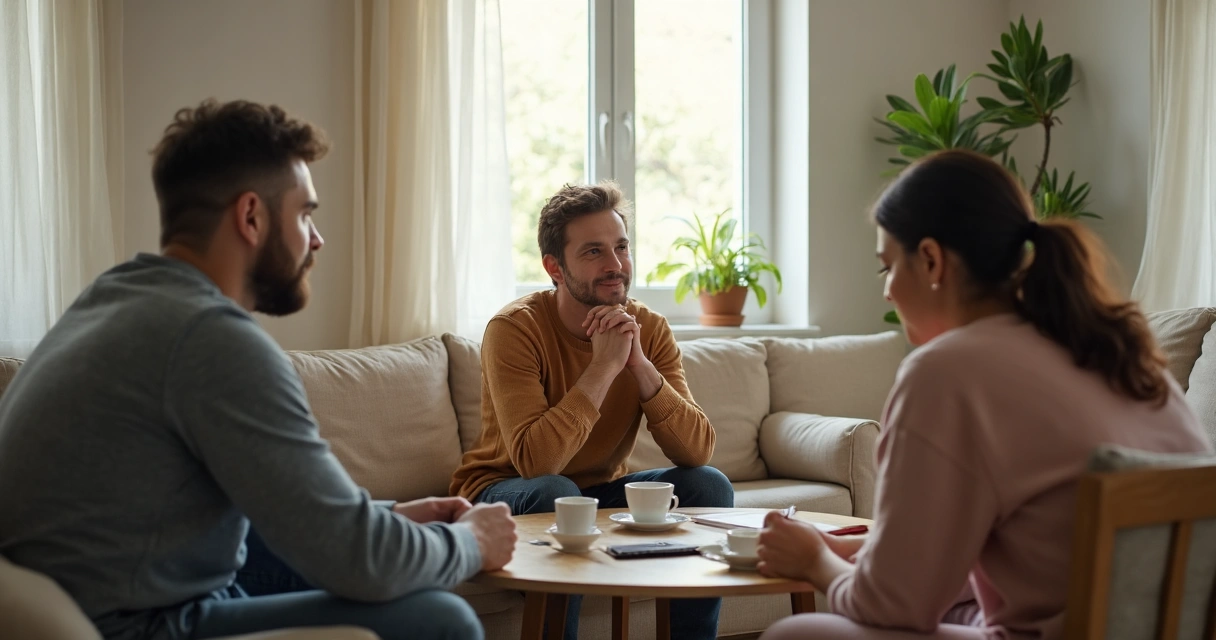Família conversando na sala com escuta atenta