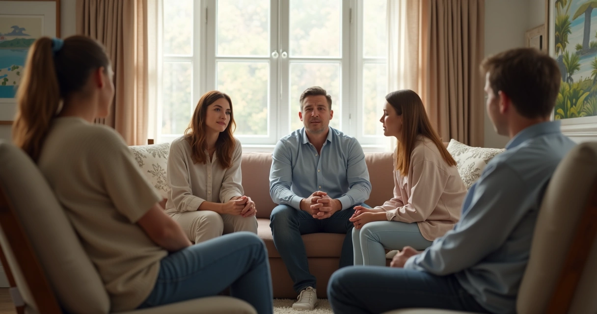 Familia conversando na sala em clima respeitoso