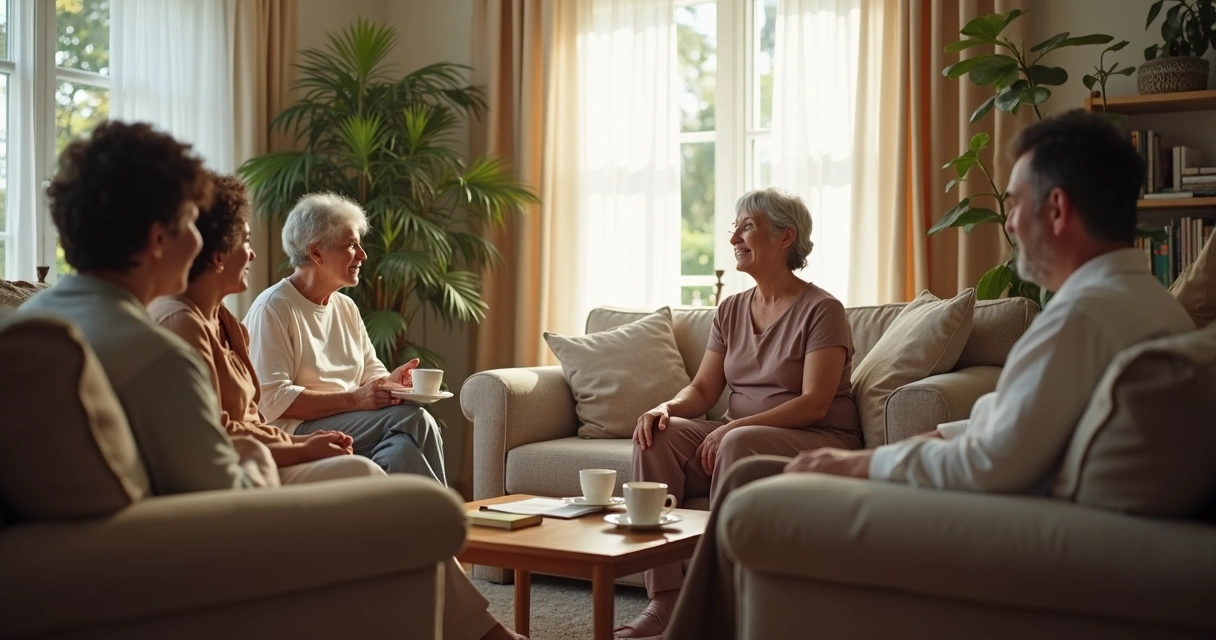 Família conversando com calma na sala