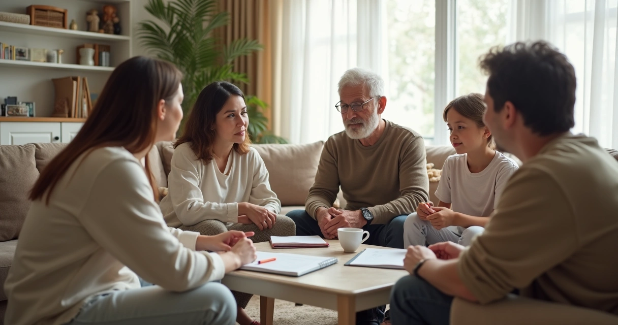 Família reunida conversando na sala com anotações na mesa 