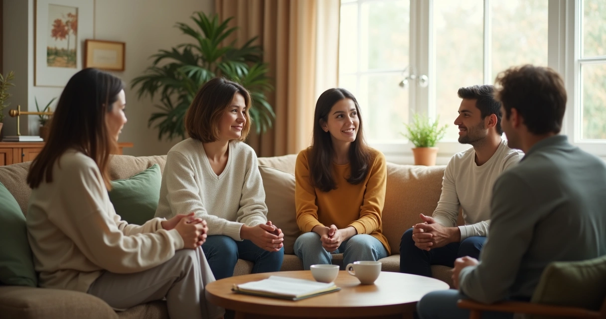 Família reunida conversando na sala de casa