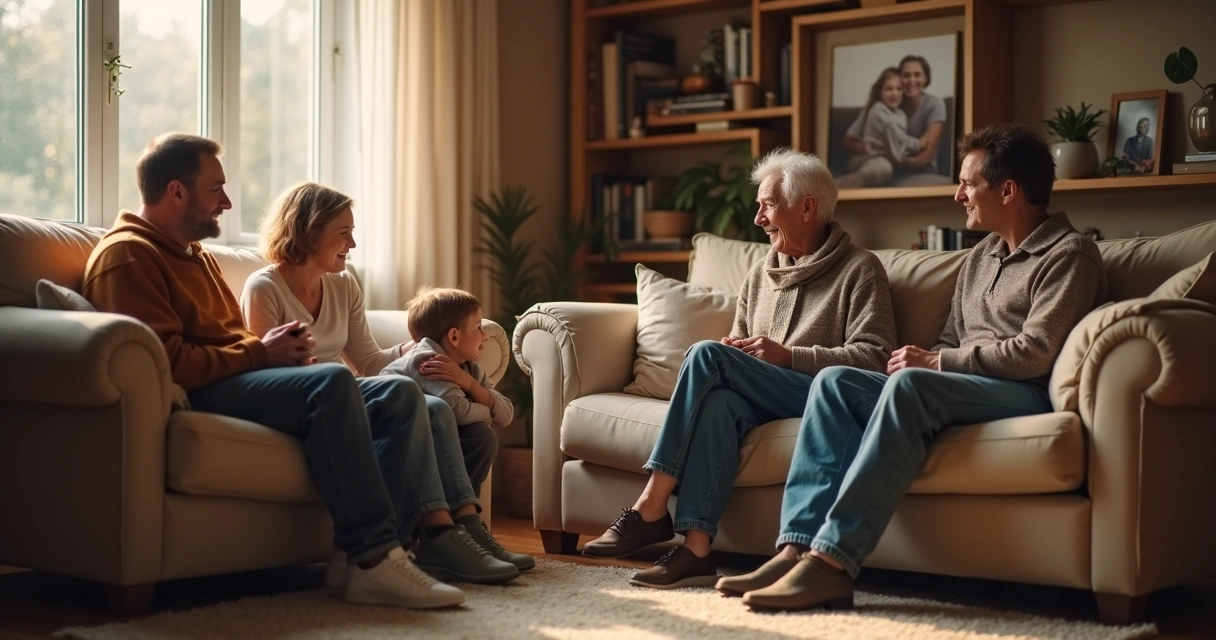 Família conversando na sala em diferentes idades
