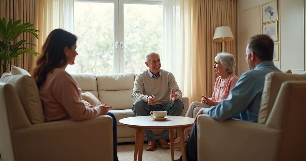 Família conversando com calma na sala 