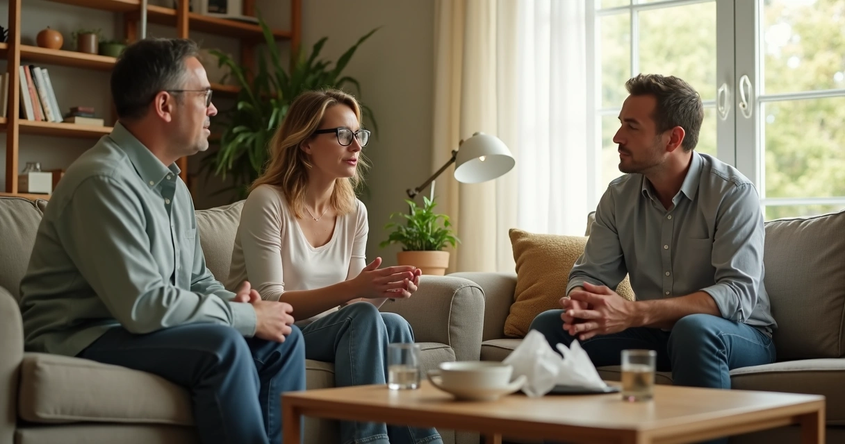 Família conversando na sala com atenção mútua