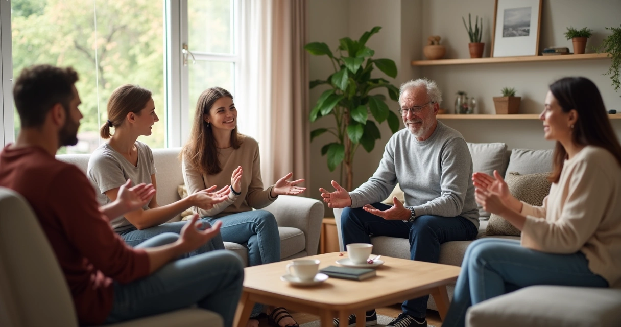 Família conversando calmamente na sala 