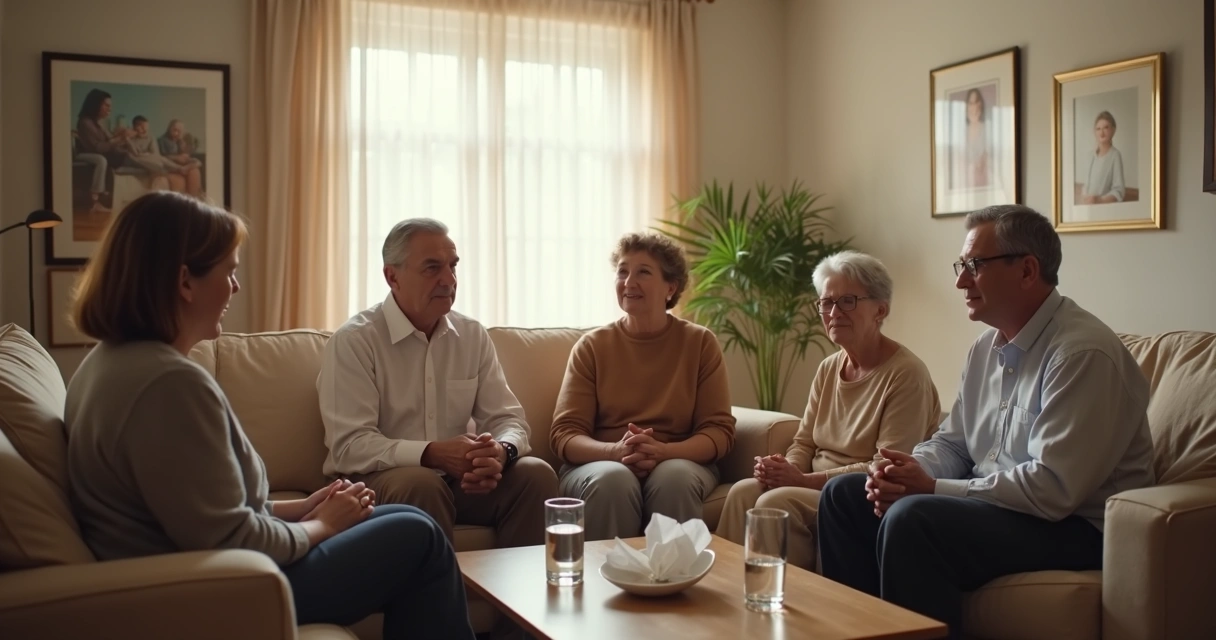 Familia reunida em conversa calma na sala