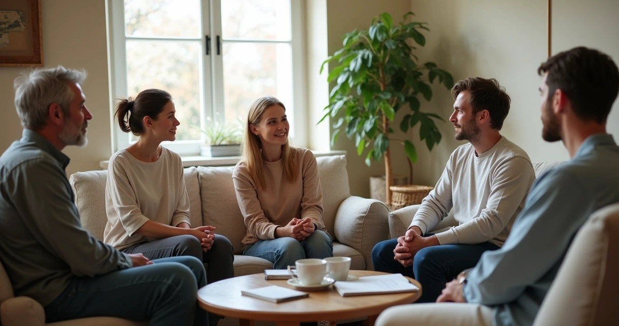 Família conversando na sala com postura respeitosa 