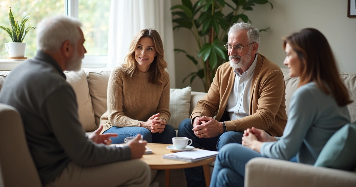 Família conversando com calma na sala 