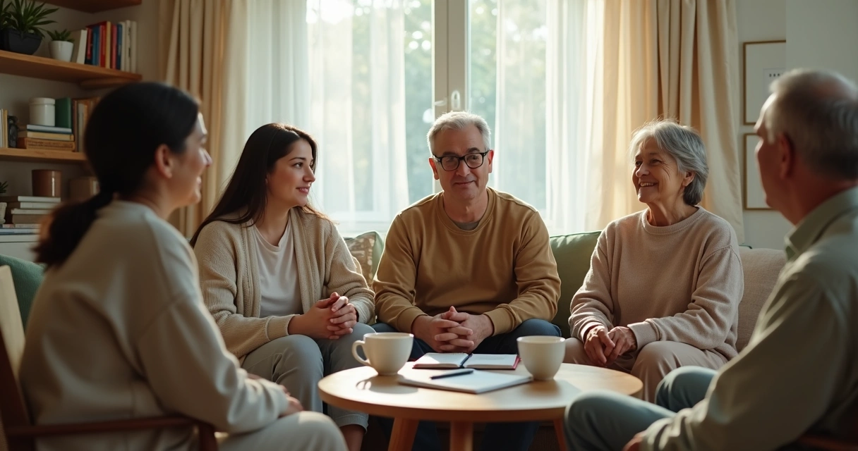 Família conversando na sala de casa