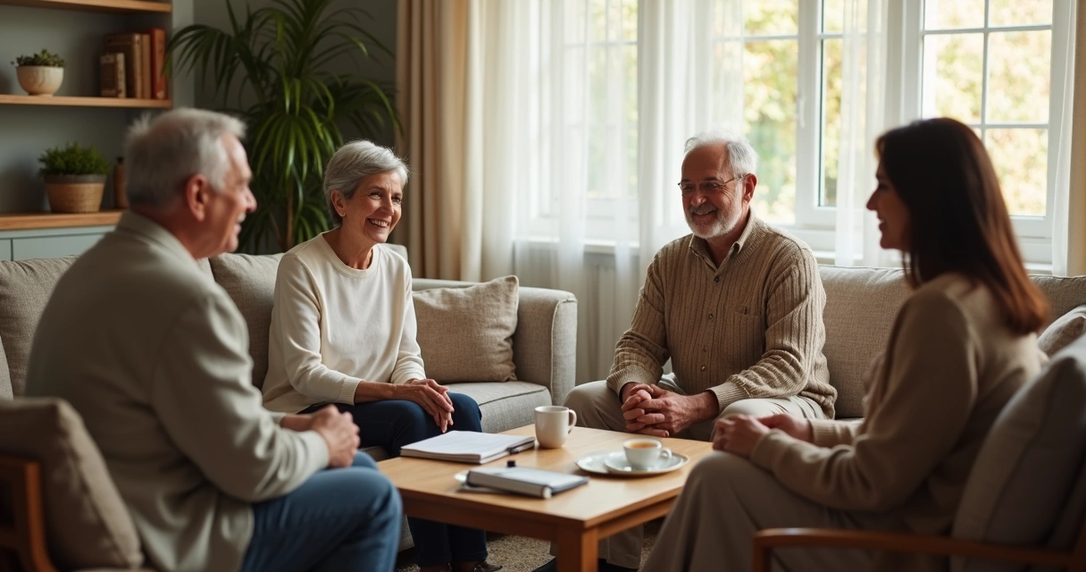 Família conversando de forma calma na sala 