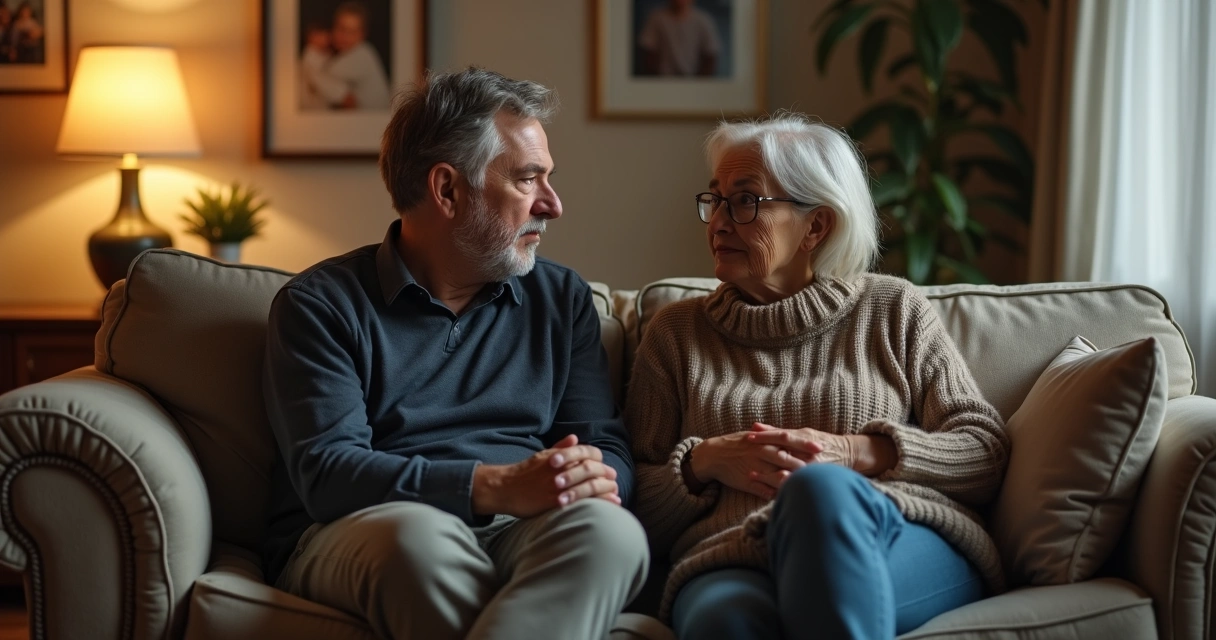 Dois adultos sentados em uma sala, conversando discretamente, olhando ao redor