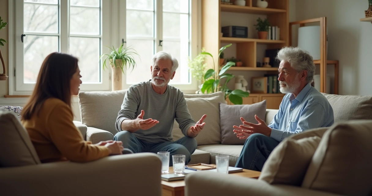 Família em conversa calma na sala