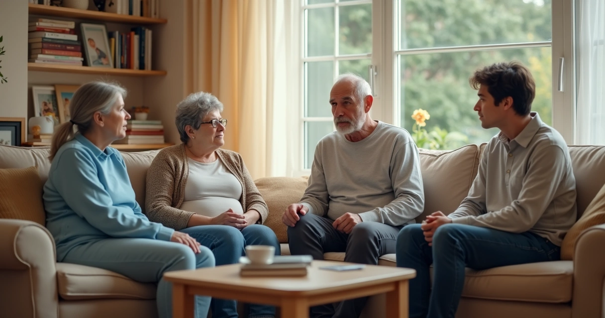 Família de gerações diferentes conversando no sofá 