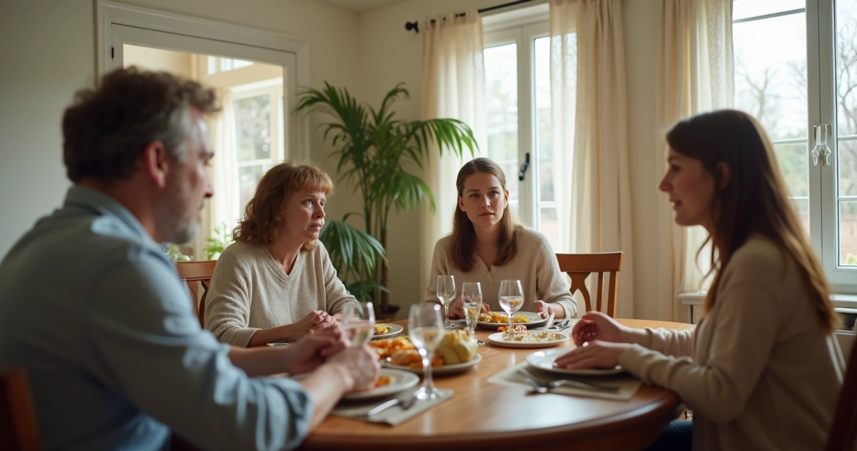 Família em conversa tensa na mesa 