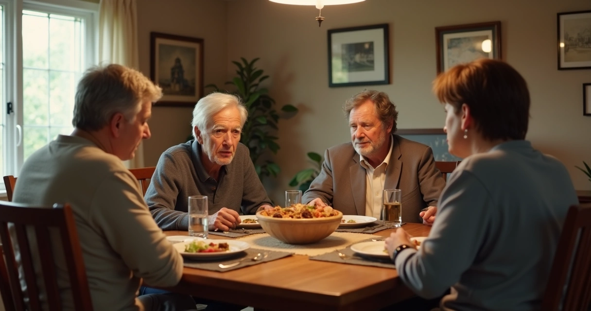 Família em conversa tensa à mesa 