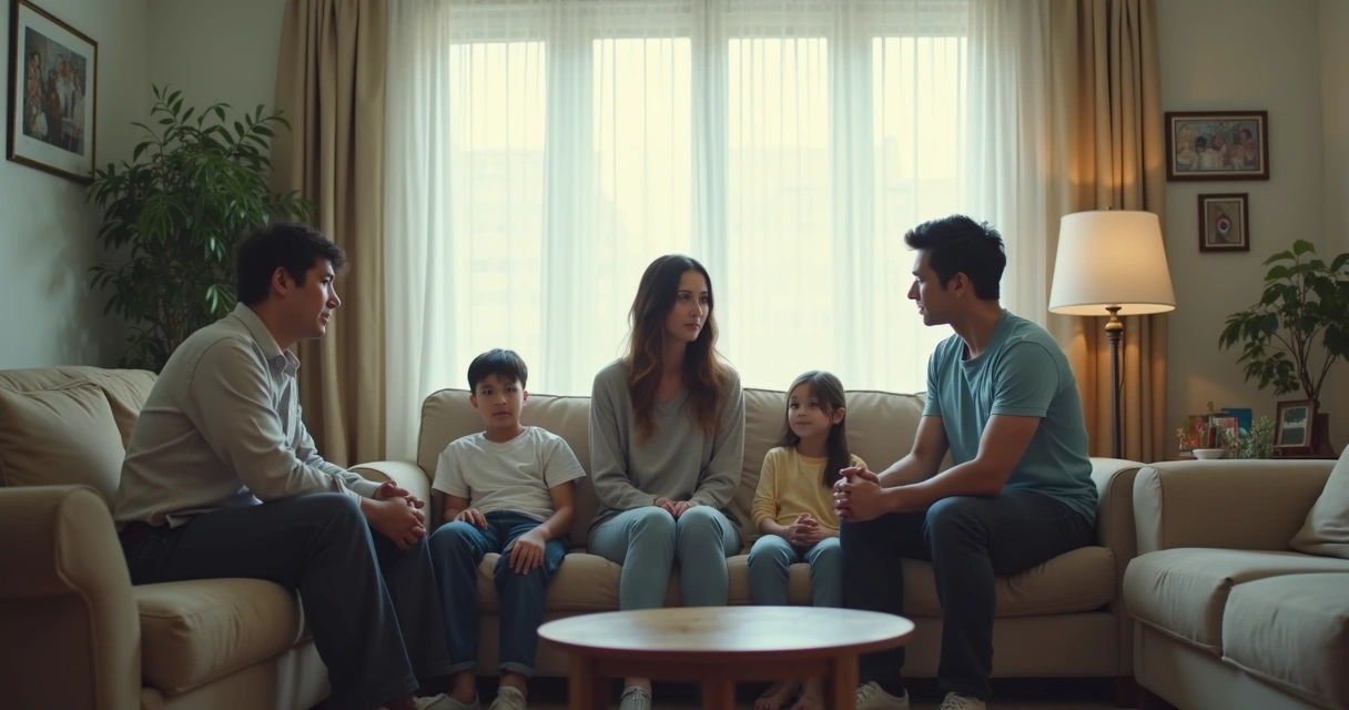 Família sentada em sala com tensão e silêncio 
