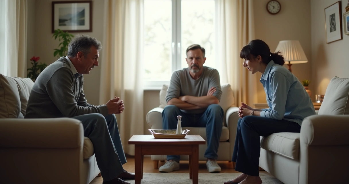 Família em conversa tensa na sala
