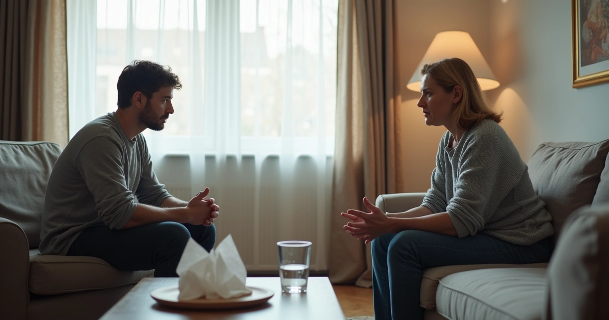 Dois familiares sentados em conversa séria na sala 