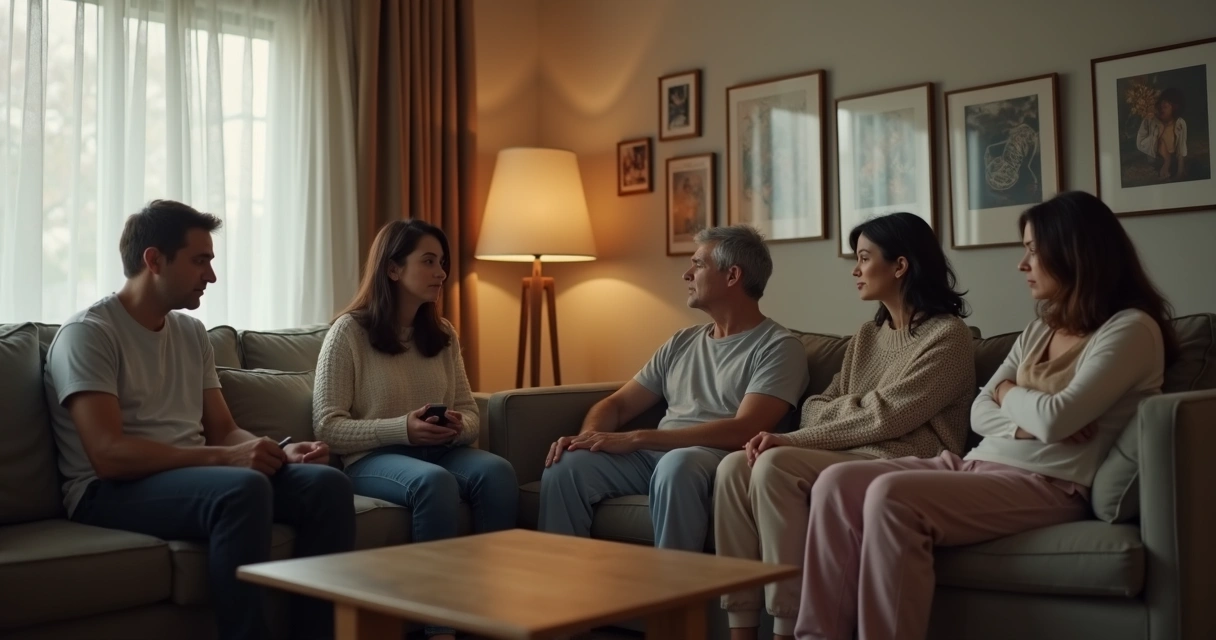 Família sentada em silêncio em uma sala