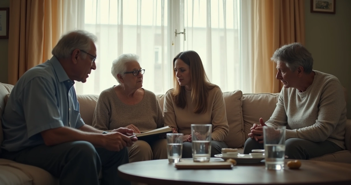 Família em conversa tensa na sala