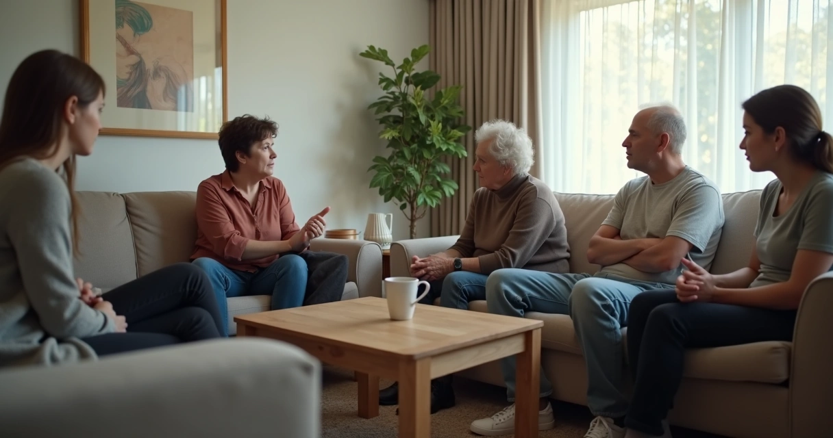 Familia sentada em sala com expressão tensa durante conversa