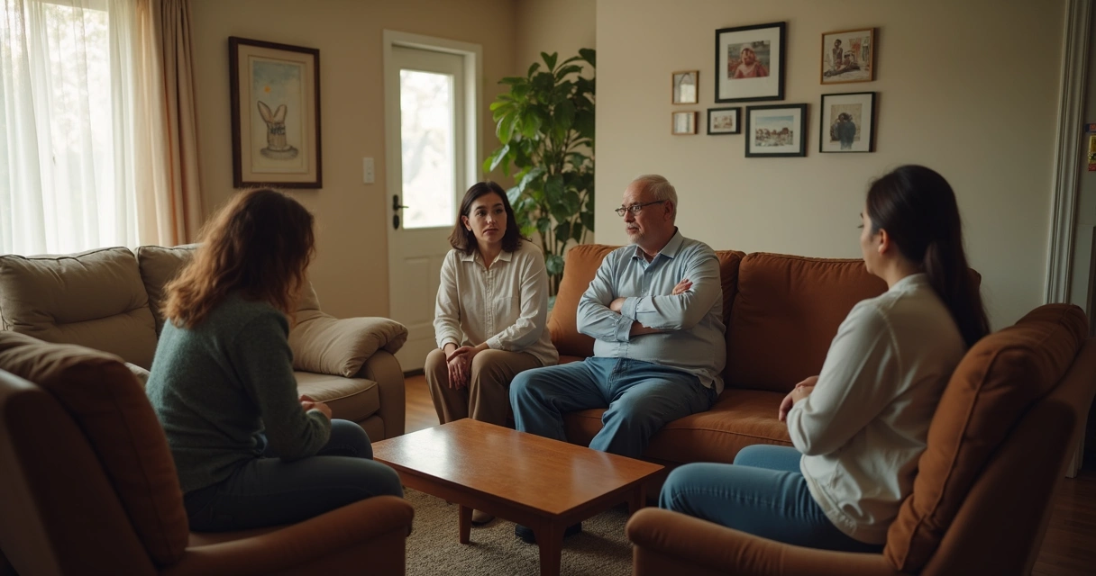 Família sentada em sala com expressão tensa durante conversa