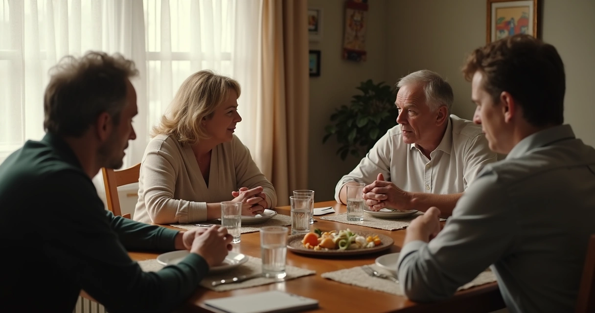 Família conversando com tensão à mesa 