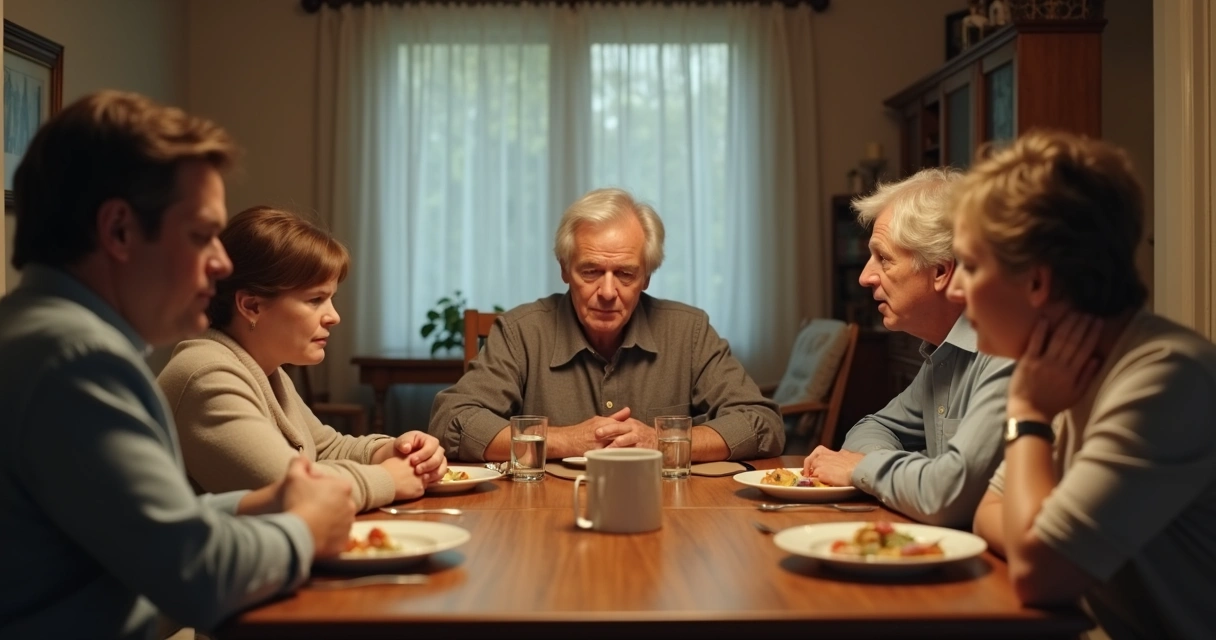 Família em mesa com expressão contida 