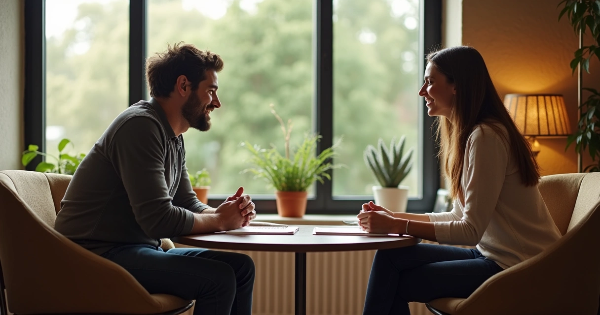 Dupla conversando em ambiente amigável e calmo 