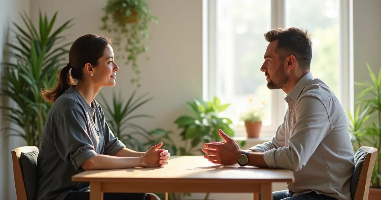 Duas pessoas conversando em uma mesa, trocando ideias de maneira amigável 